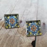 Image 1 of Mediteranean Tile Earrings - Blue + Orange + Yellow