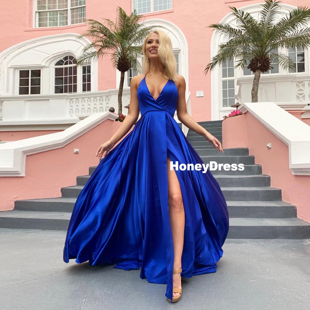 Honey Dress — Royal Blue V-Neck Side Slit Long Prom Dress, Spaghetti