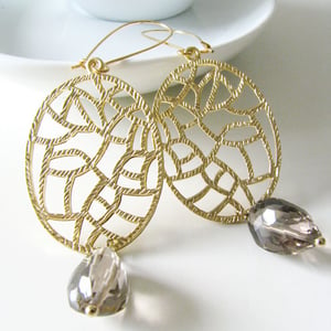 Image of gold-plated filigree smoky quartz earrings