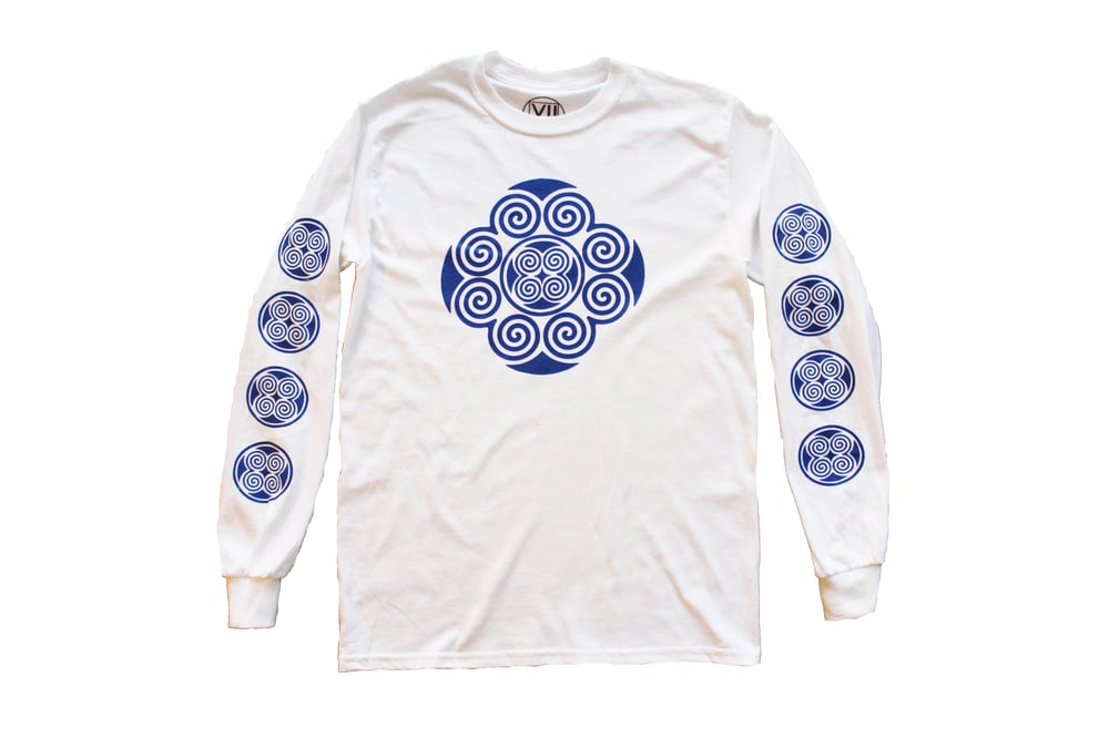 Image of "Medallion" Tribal Long Sleeve Tee (White & Graphite Heather with Royal Blue Print)