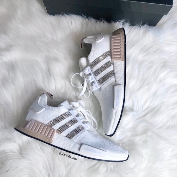 Image of Swarovski Adidas NMD Runner Casual Shoes Cloud White/Ash Pearl customized with Swarovski Crystals.