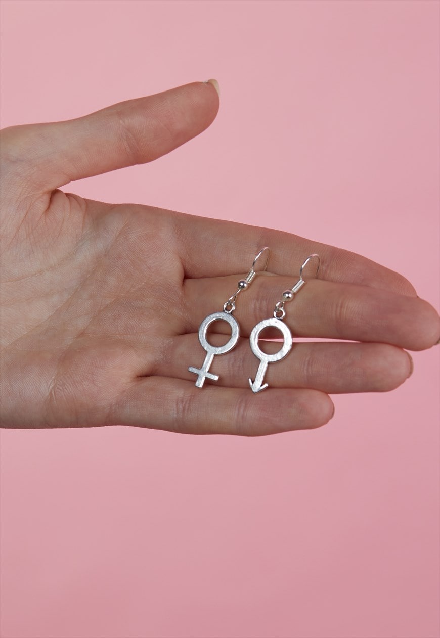 Image of Venus Female & Mars Male Symbol Silver Plated Hook Earrings