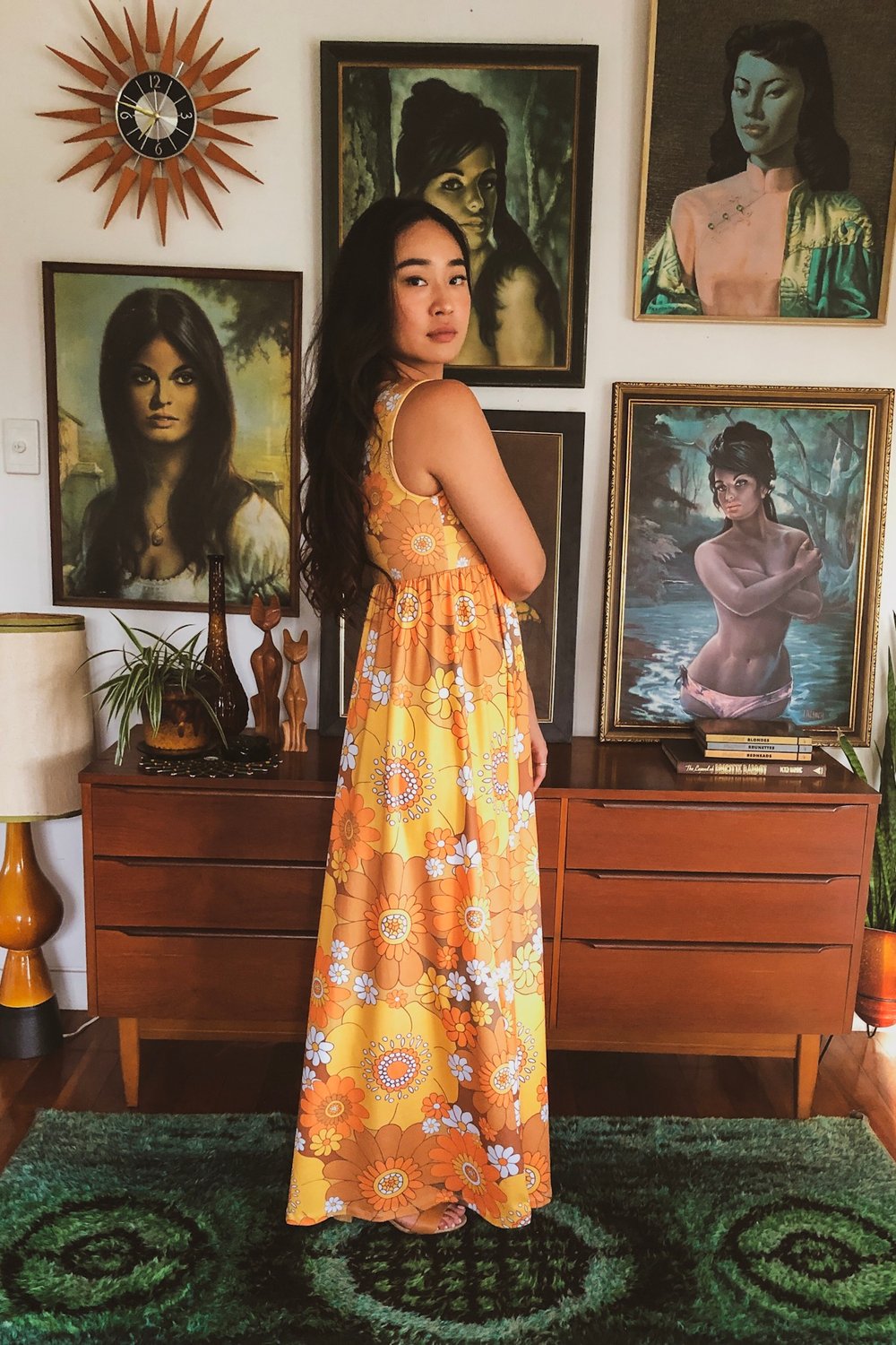 Baby doll maxi dress in Pushing daisies Orange and brown print