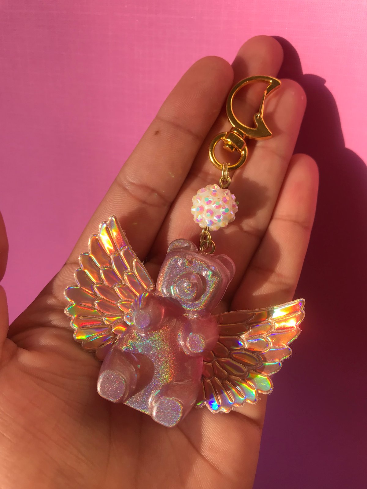 Image of Large Holo Resin Angel Gummy Bear Charm Keychain with Gold Clasp