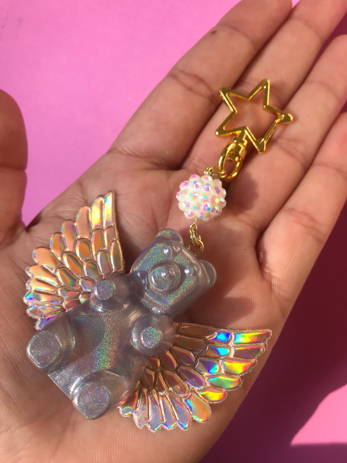 Image of Large Holo Resin Angel Gummy Bear Charm Keychain with Gold Clasp