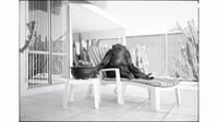 Chimpanzee sitting poolside, Palm Springs, CA, 2007