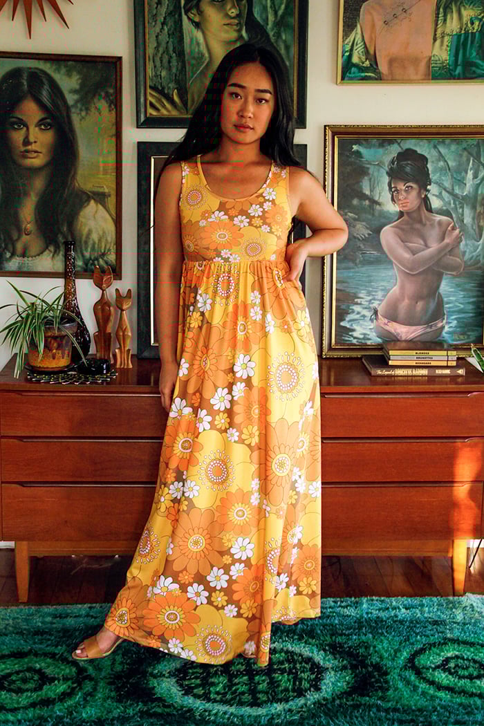 Baby doll maxi dress in Pushing daisies Orange and brown print 