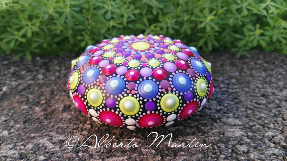Image of Multicolored Mandala painted stone.