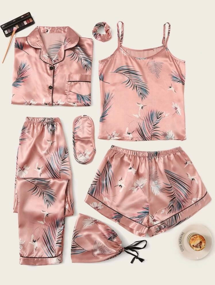 Image of 7pcs Crane & Tropical Print Satin Pajama Set