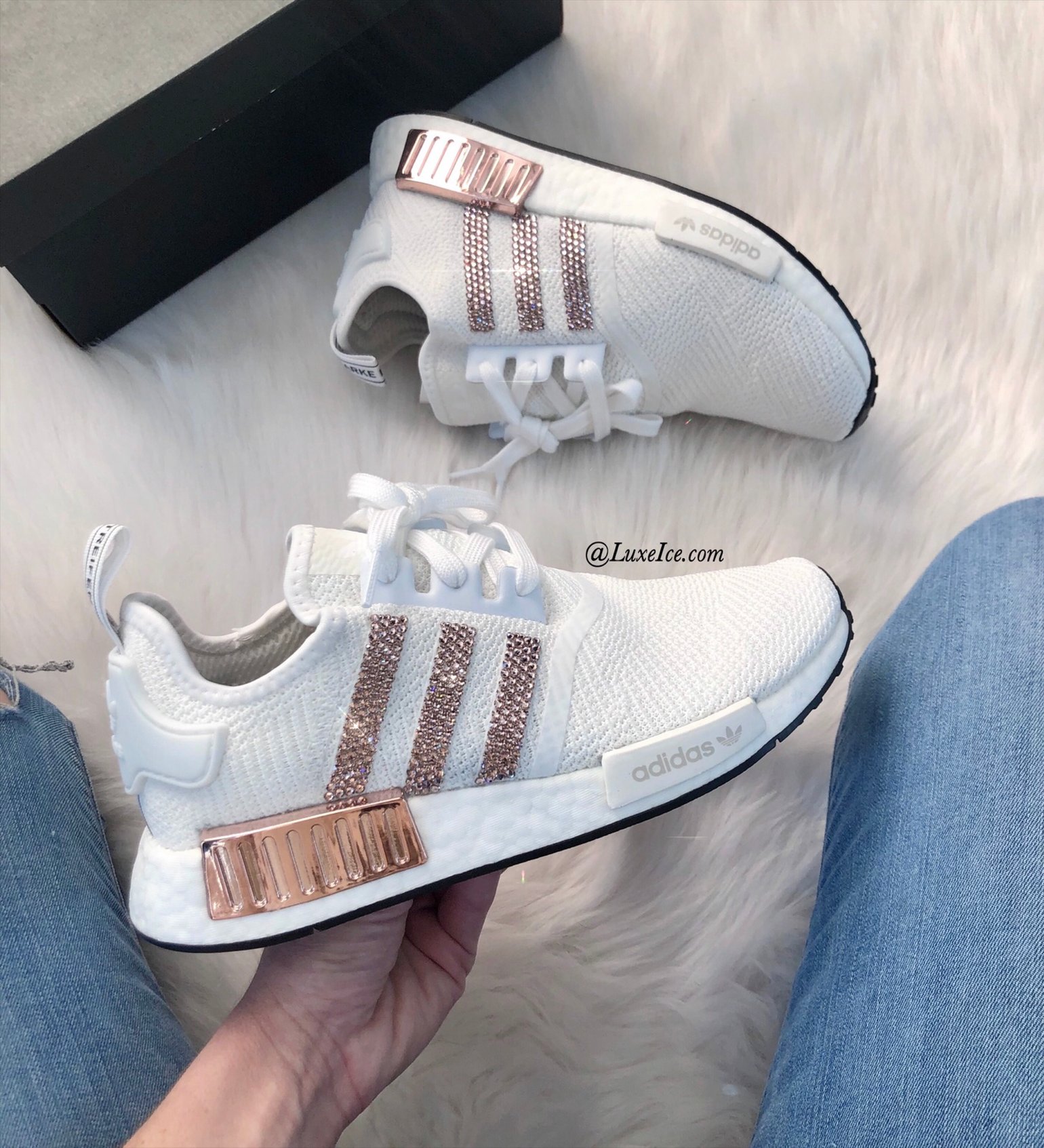 Image of Swarovski Adidas NMD R1 Casual Shoes Cloud White/Copper Metallic customized with Swarovski Crystals.