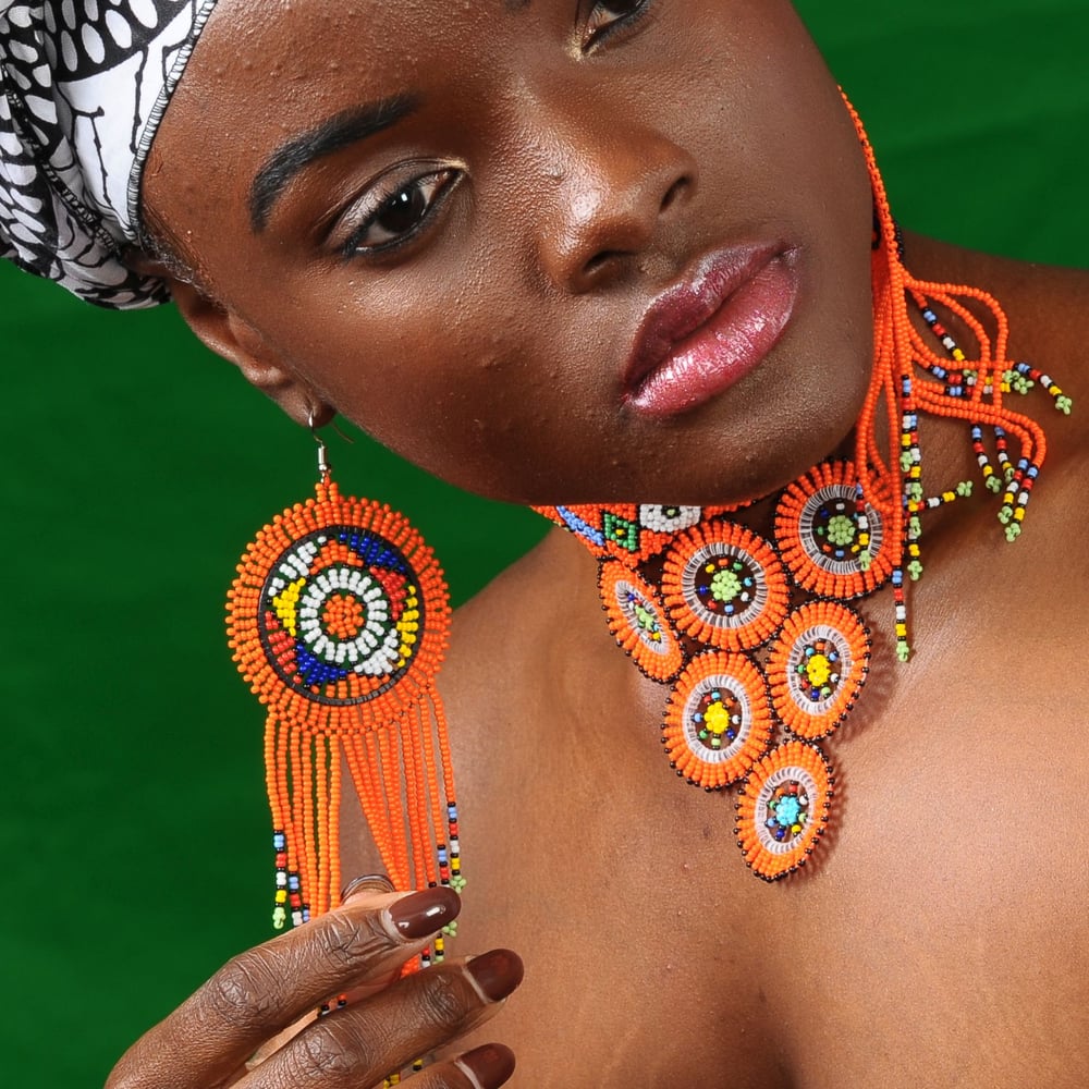 Image of Zulu Beaded Circle Choker & Tasseled Earrings