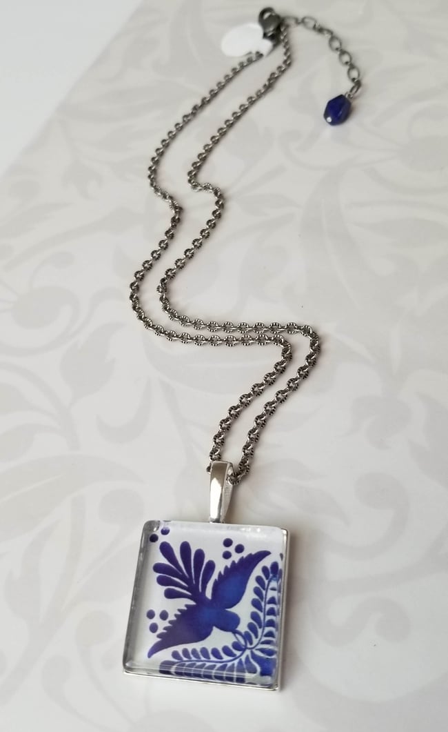 Blue Talavera Bird Tile Necklace