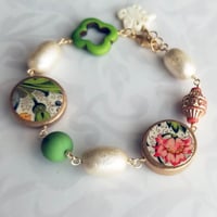 Florentine Bracelet – Rosy Pink Flower and Green Leaves Coins