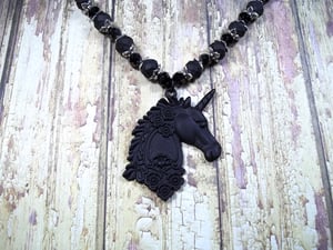 Image of "Black Unicorn" Black and Silver toned necklace,19 inches long,Gothic style, glass beads