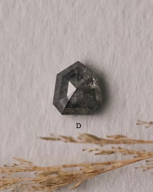 Image of 18ct yellow gold, Hexagonal Grey diamond Trilogy ring (LON239)