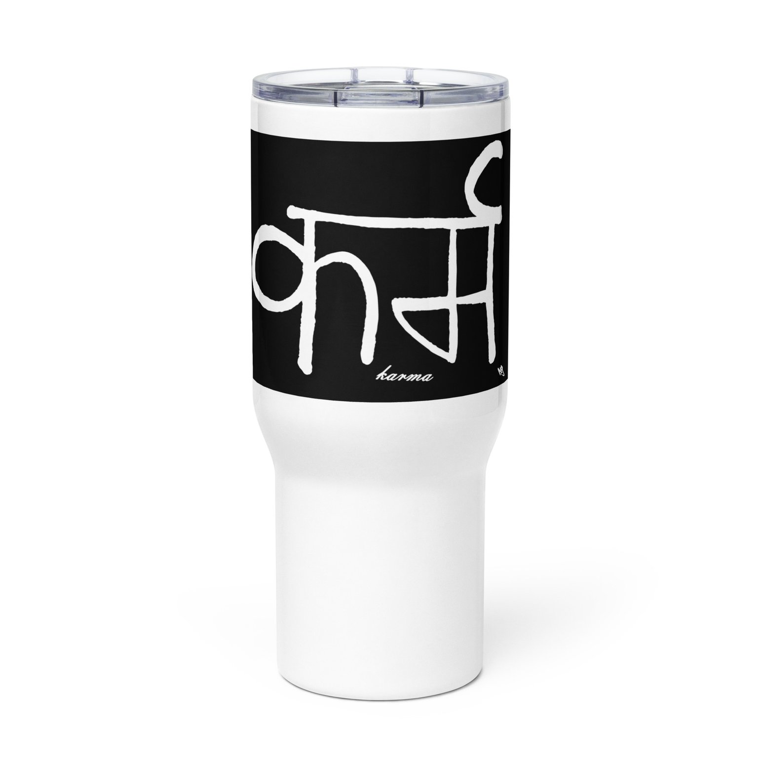Image of Karma Sanskrit travel mug with a handle