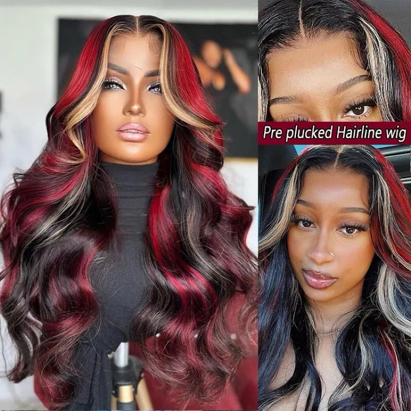 Image of Glueless 180% density Highlight Blonde Red 13X4 Body Wave Lace Front Wig Human Hair Pre Plucked 