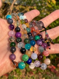 Image 3 of Rainbow Gemstone Hand Knotted Necklace with Tourmalinated Quartz Focal Bead and Rainbow Tassel