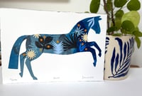 Image 2 of Bruce , a blue monoprinted horse with collage elements 