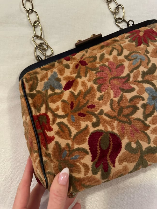 1960s velvet tapestry handbag with heavy chain strap 