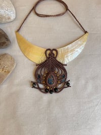 Image 1 of macrame necklace with mother of pearl shell and azurite