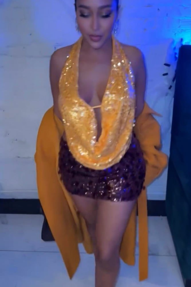 Image of SAFFRON/OXBLOOD SEQUIN HALTER TOP & MICRO MINI SKIRT (S/M)