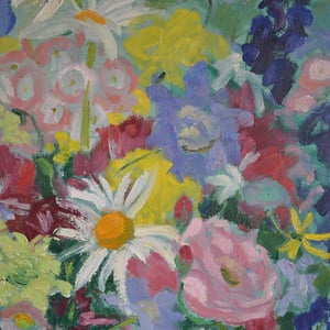 Image of 1942 Painting, 'Flowers and China Dogs,' Eva Holmberg Jacobsson