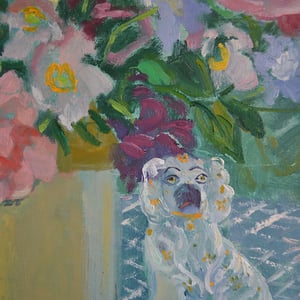 Image of 1942 Painting, 'Flowers and China Dogs,' Eva Holmberg Jacobsson