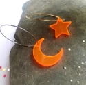 Neon Orange Moon / Star Hoop Earrings