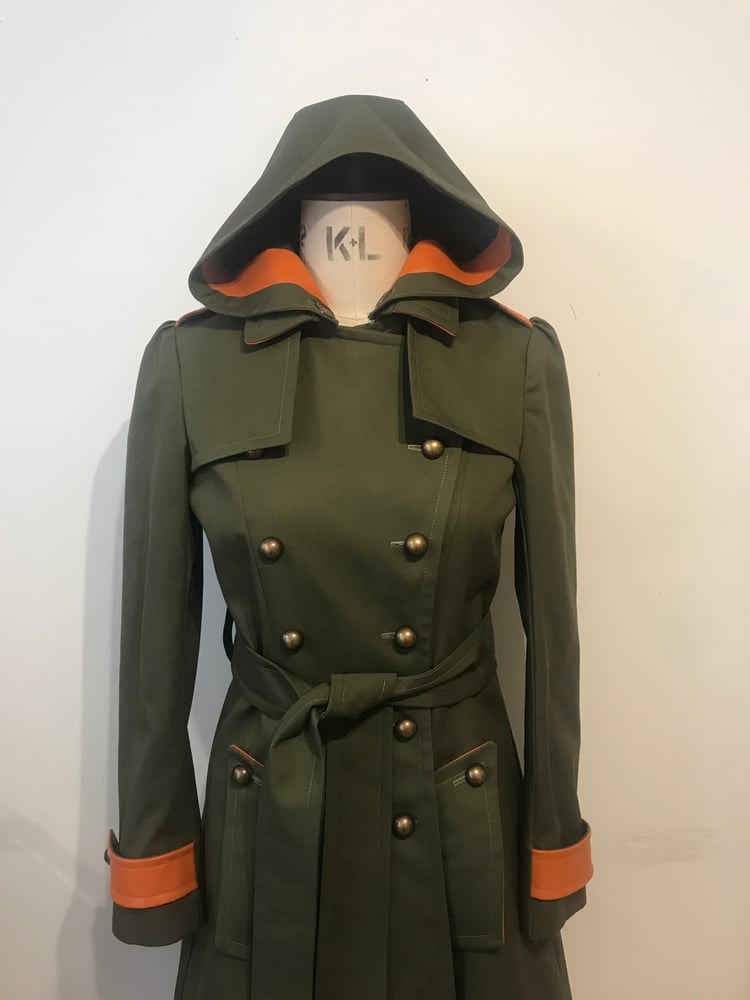 Image of Trench coat with leather and detachable hood