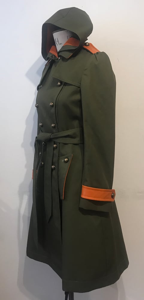 Image of Trench coat with leather and detachable hood