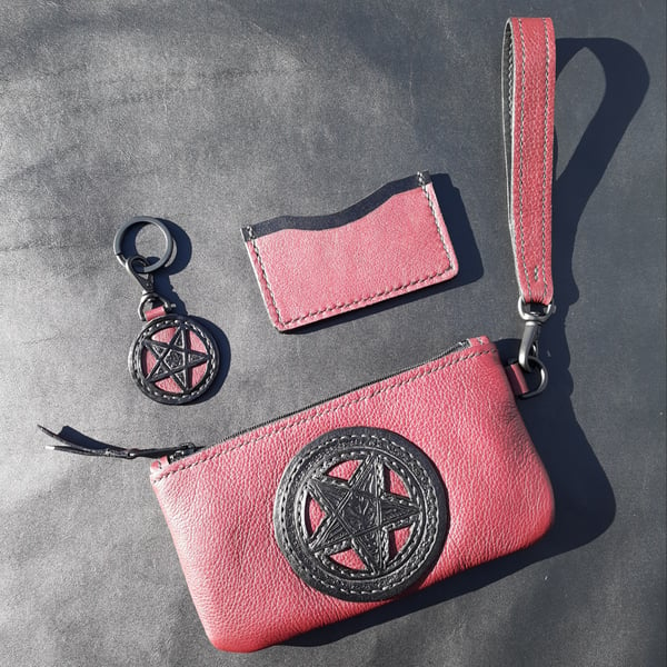 Image of "Baphomet/Pentagram Maroon and Black" - Clutch, Card Wallet, Keychain Gift Set