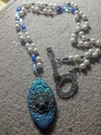 Blue Beaded Necklace With Ceramic Pendant