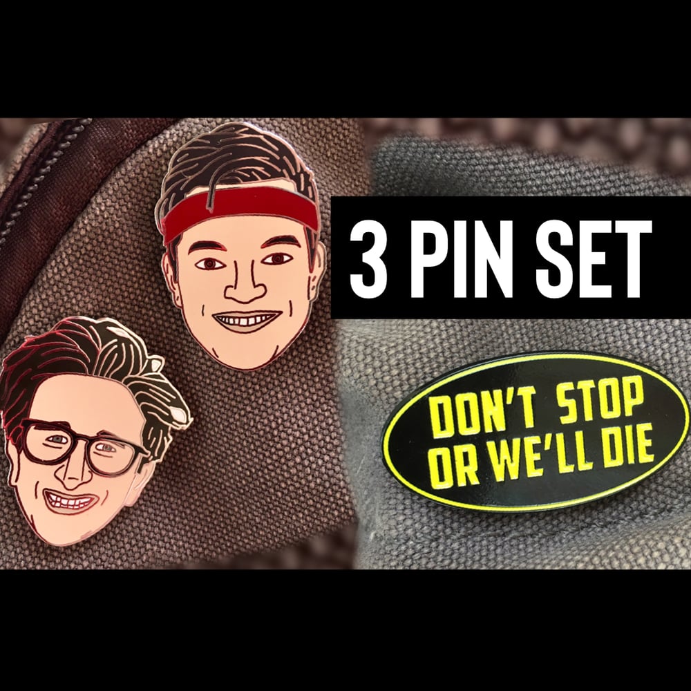 Image of 3 Enamel Pins - Don't Stop Or We'll Die Band Heads AND Band Name