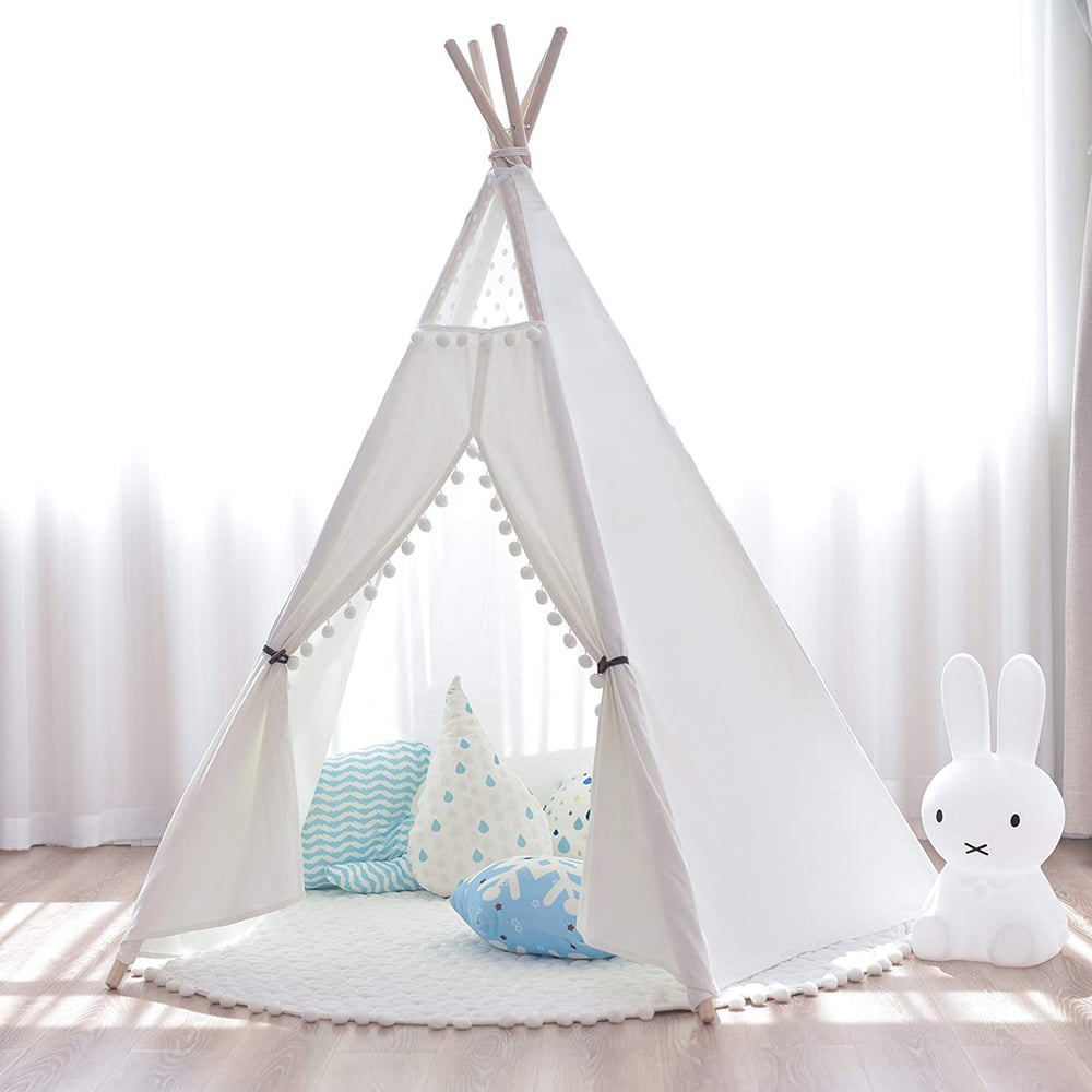 Image of White Canvas PomPom Teepee Tent