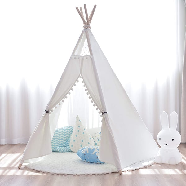 Image of White Canvas PomPom Teepee Tent 