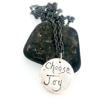 Image 2 of sapphire necklace with handwritten inscription . Choose joy 