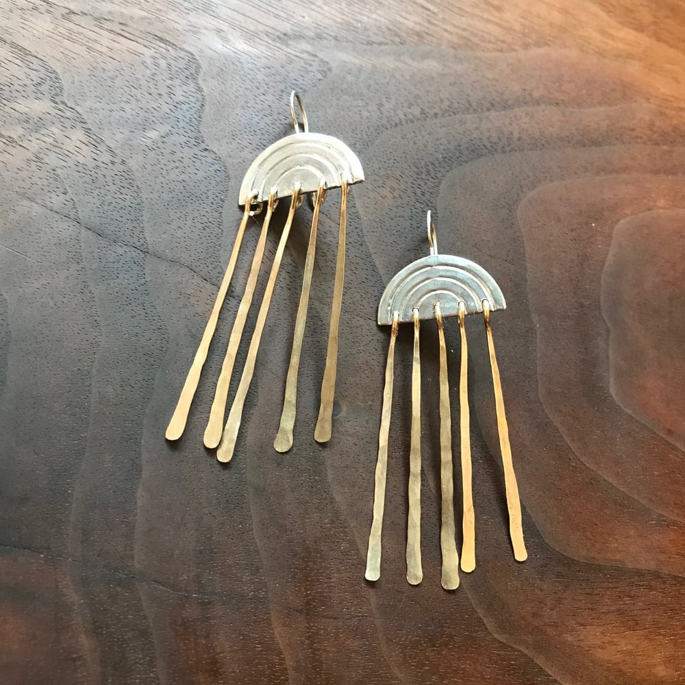 Image of Silver rainbow earrings with golden fringe