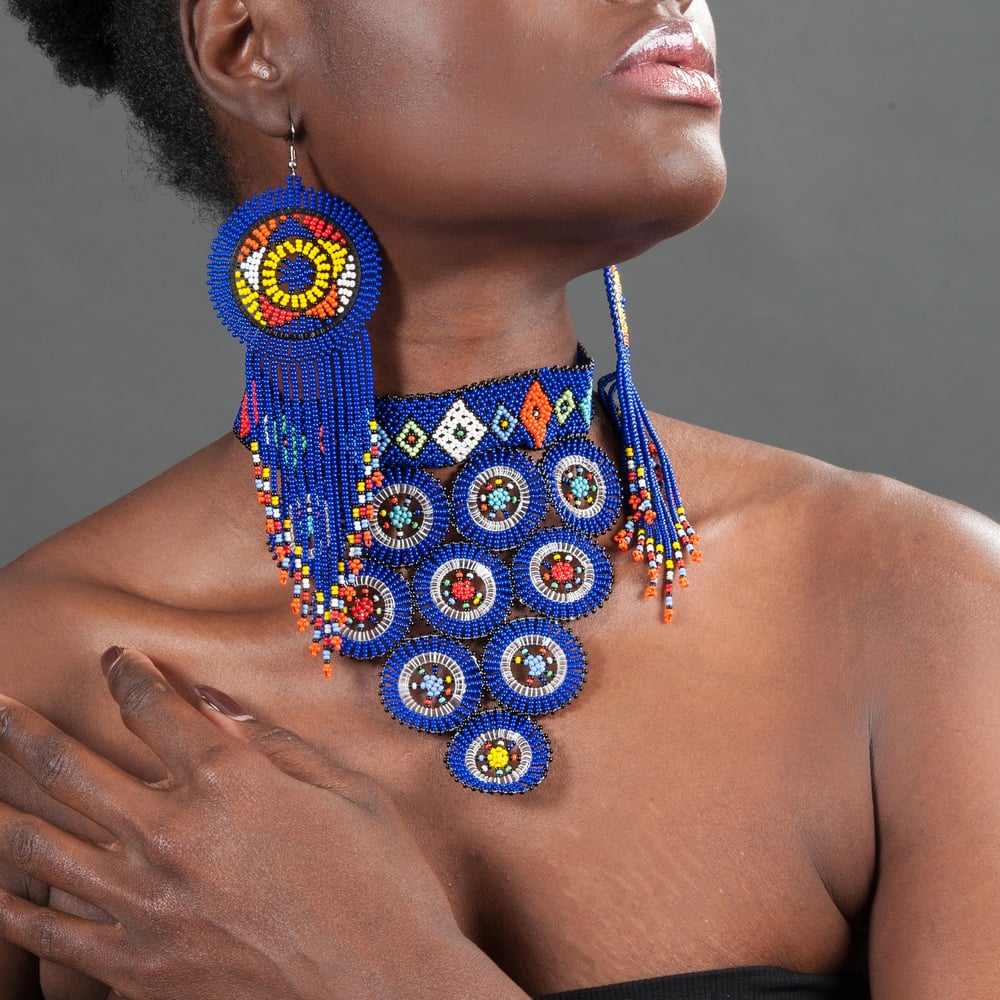 Image of Zulu Circle 10 Beaded Choker w/ Tasseled Beaded Earrings