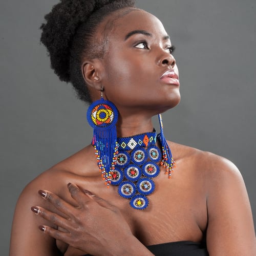 Image of Zulu Circle 10 Beaded Choker w/ Tasseled Beaded Earrings