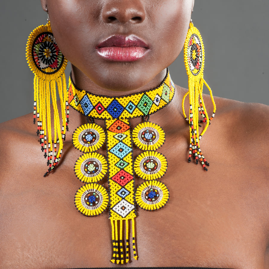 Image of Zulu Circle Six Beaded Choker & Circle Tasseled Earrings