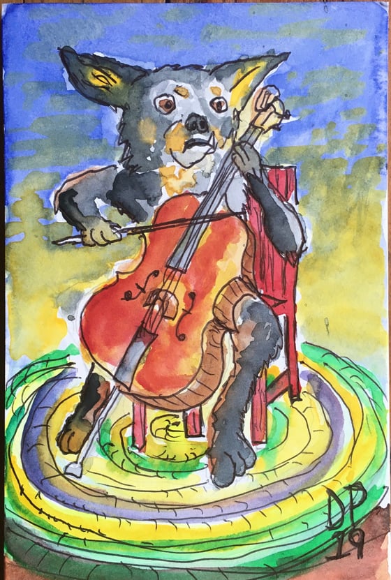 Image of “Cello Dog” original watercolor painting by Dan P.