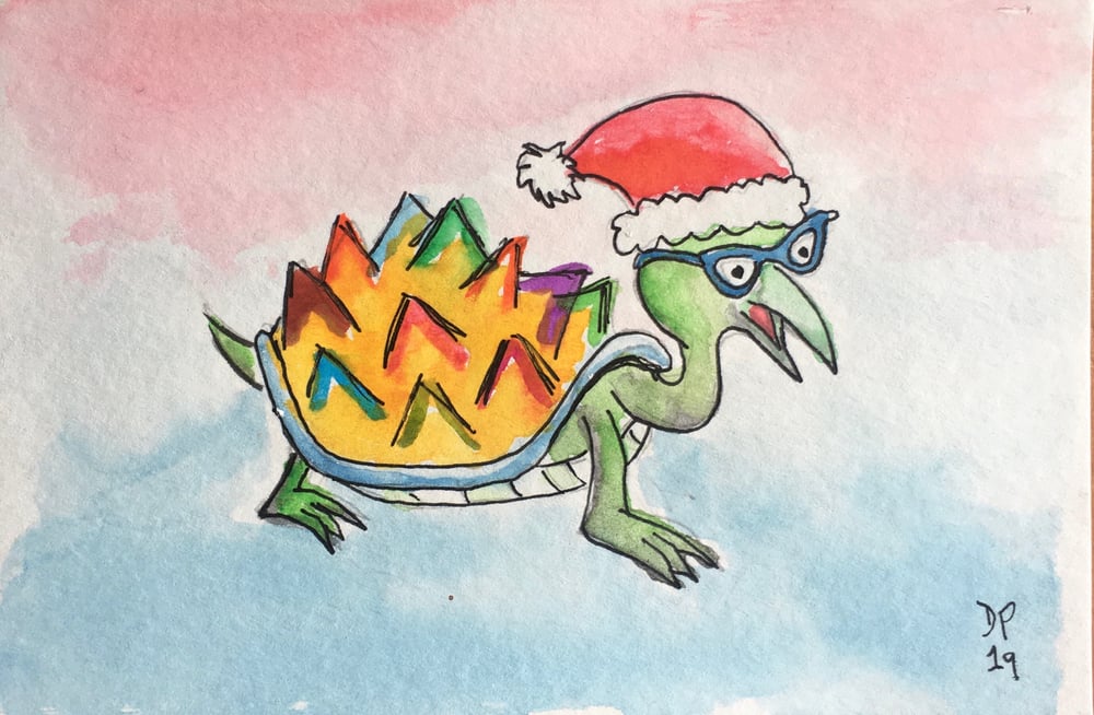 Image of “Santa Turtle” original watercolor painting by Dan P.