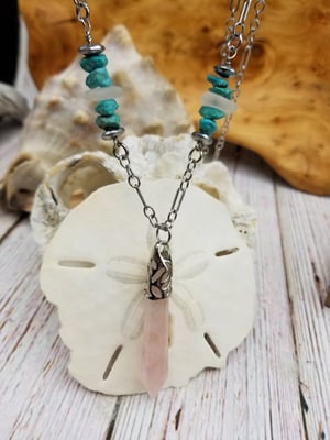 Image of Sea Glass- Rose Quartz Crystal Point- Turquoise- Necklace- #276