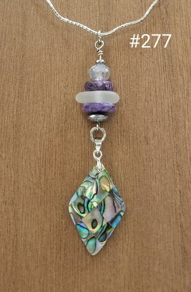 Image of Sea Glass- Abalone- Purple Charoite- Crystal- Silver Necklace- #277
