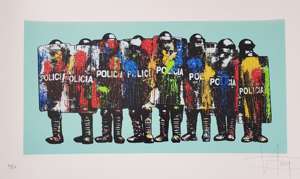 KGUY "PAINT BOMB POLICIA" - 6 COLOUR SCREENPRINT, HAND SPRAYED BACKGROUND - MINT ED - 85CM X 50.5CM