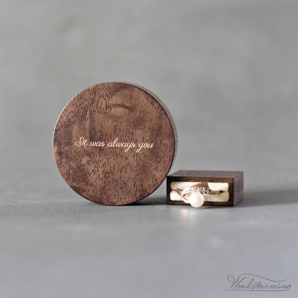Image of Slim engraved engagement ring box - round proposal ring box with love quote inlay - ready to ship