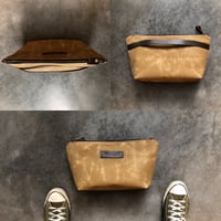 Image 1 of Waxed canvas toiletry bag with luggage handle attachment 