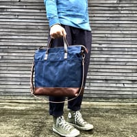 Image 2 of Office tote bag made in blue waxed canvas, with detachable shoulder strap
