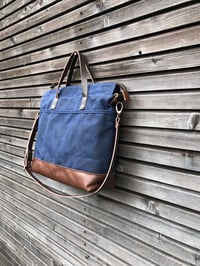 Image 3 of Office tote bag made in blue waxed canvas, with detachable shoulder strap